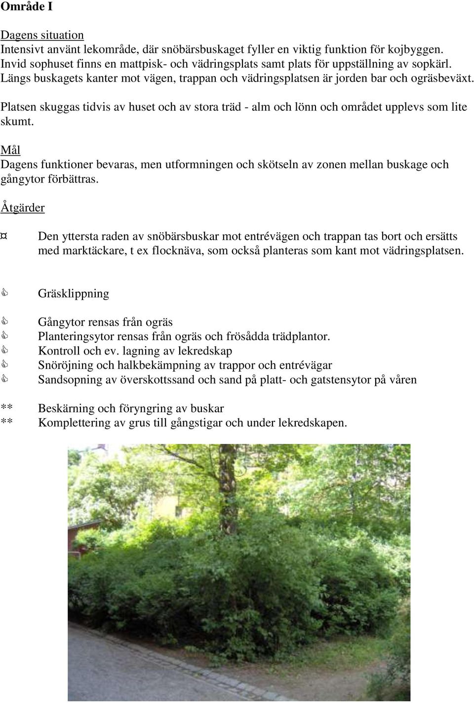 Dagens funktioner bevaras, men utformningen och skötseln av zonen mellan buskage och gångytor förbättras.