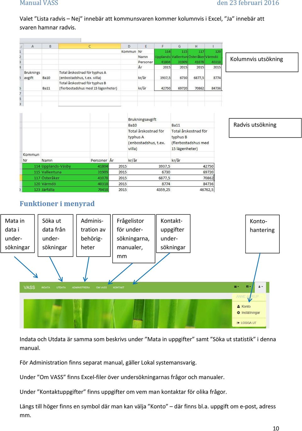 mm Kontaktuppgifter undersökningar Kontohantering Indata och Utdata är samma som beskrivs under Mata in uppgifter samt Söka ut statistik i denna manual.