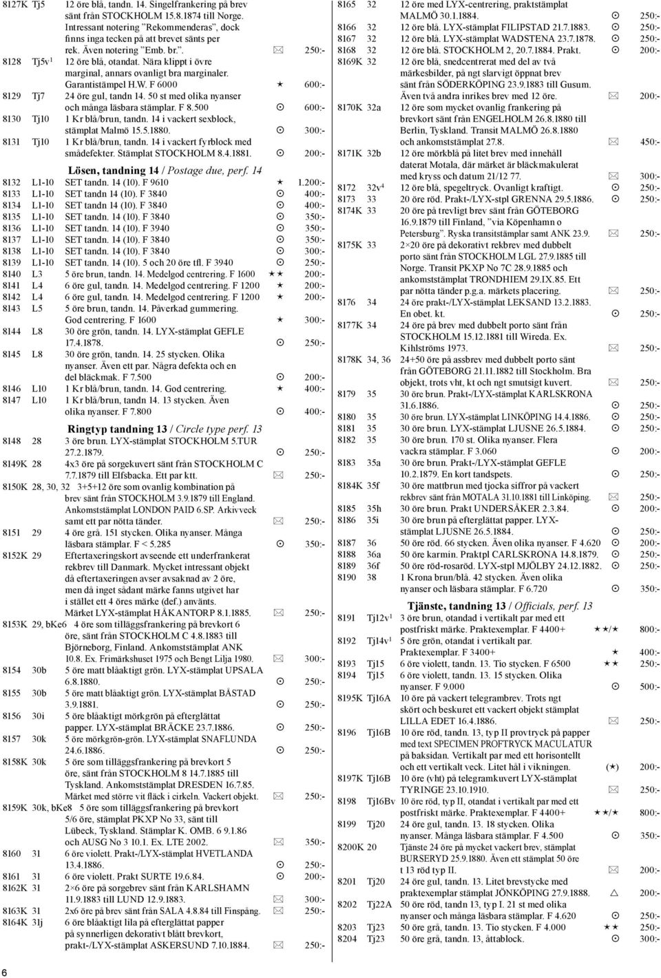 50 st med olika nyanser och många läsbara stämplar. F 8.500 600:- 8130 Tj10 1 Kr blå/brun, tandn. 14 i vackert sexblock, stämplat Malmö 15.5.1880. 300:- 8131 Tj10 1 Kr blå/brun, tandn.