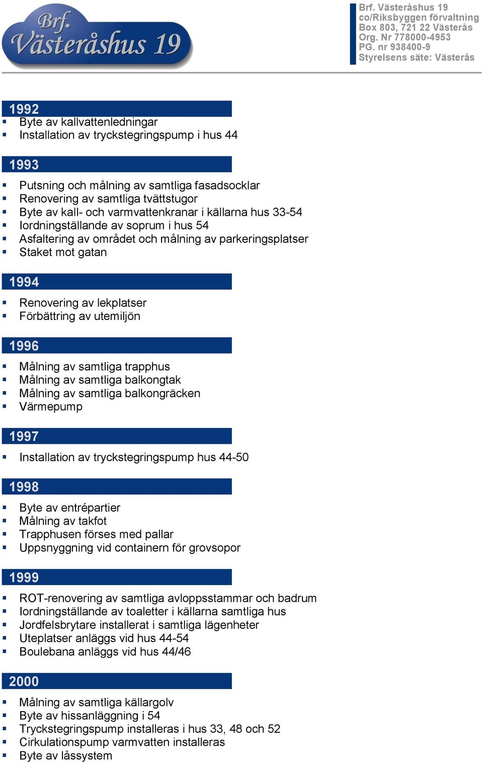 samtliga trapphus Målning av samtliga balkongtak Målning av samtliga balkongräcken Värmepump 1997 Installation av tryckstegringspump hus 44-50 1998 Byte av entrépartier Målning av takfot Trapphusen