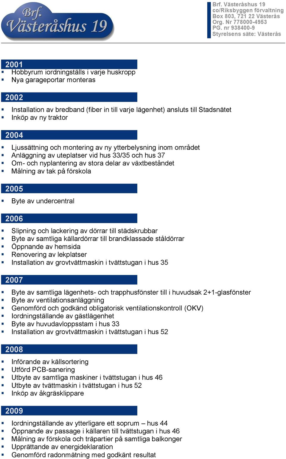 2006 Slipning och lackering av dörrar till städskrubbar Byte av samtliga källardörrar till brandklassade ståldörrar Öppnande av hemsida Renovering av lekplatser Installation av grovtvättmaskin i