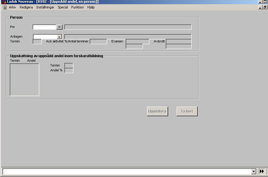 Bilaga 2 RS92B00G 1. Hjälptext Detta formulär Ange personnummer. Uppgifter om antagning, antagningstyp (L=licentiat, D=doktor, S=doktor, senare del), ev examen och avbrott visas då för denna person.