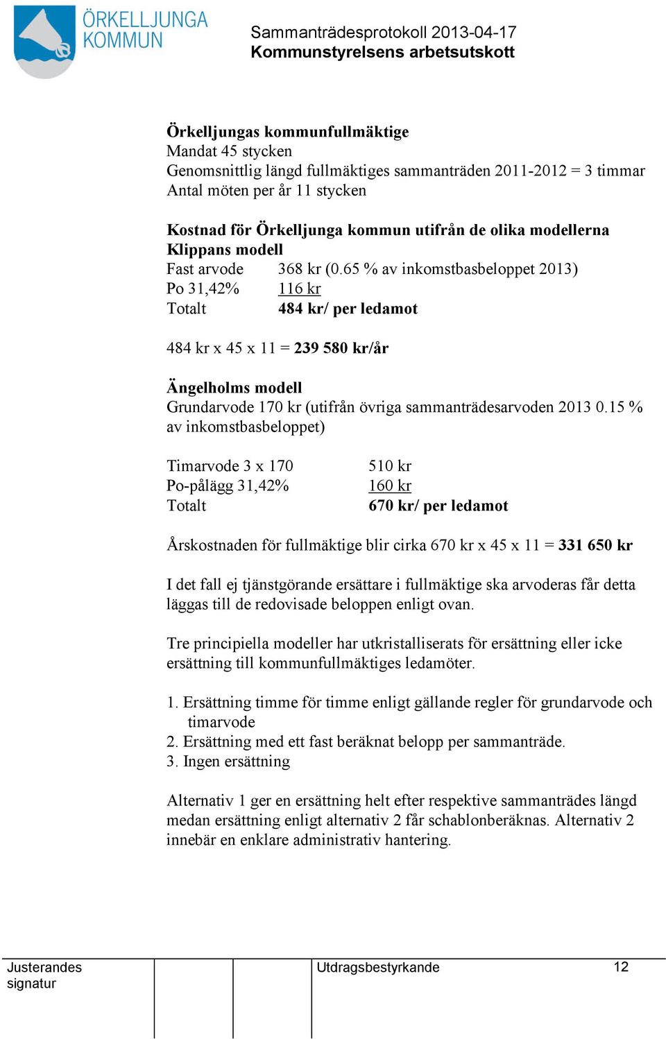 65 % av inkomstbasbeloppet 2013) Po 31,42% 116 kr Totalt 484 kr/ per ledamot 484 kr x 45 x 11 = 239 580 kr/år Ängelholms modell Grundarvode 170 kr (utifrån övriga sammanträdesarvoden 2013 0.
