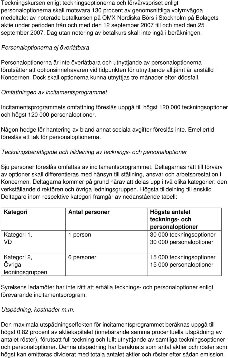 Personaloptionerna ej överlåtbara Personaloptionerna är inte överlåtbara och utnyttjande av personaloptionerna förutsätter att optionsinnehavaren vid tidpunkten för utnyttjande alltjämt är anställd i