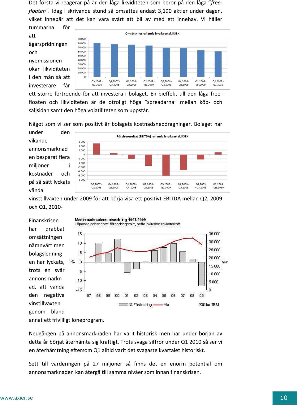 Vi håller tummarna för att ägarspridningen och nyemissionen ökar likviditeten i den mån så att investerare får ett större förtroende för att investera i bolaget.