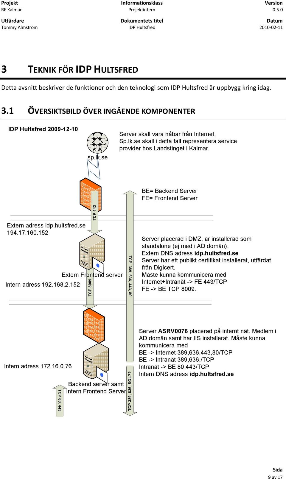 17.160.152 Intern adress 192.168.2.152 TCP 8009 TCP 443 Extern Frontend server TCP 389, 636, 443, 80 Server placerad i DMZ, är installerad som standalone (ej med i AD domän). Extern DNS adress idp.