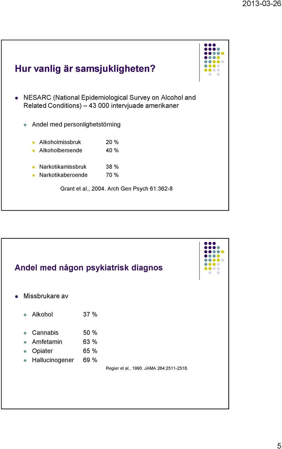 personlighetstörning Alkoholmissbruk 20 % Alkoholberoende 40 % Narkotikamissbruk 38 % Narkotikaberoende 70 % Grant