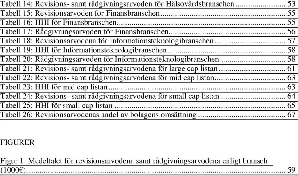 .. 58 Tabell 20: Rådgivningsarvoden för Informationsteknologibranschen... 58 Tabell 21: Revisions- samt rådgivningsarvodena för large cap listan.
