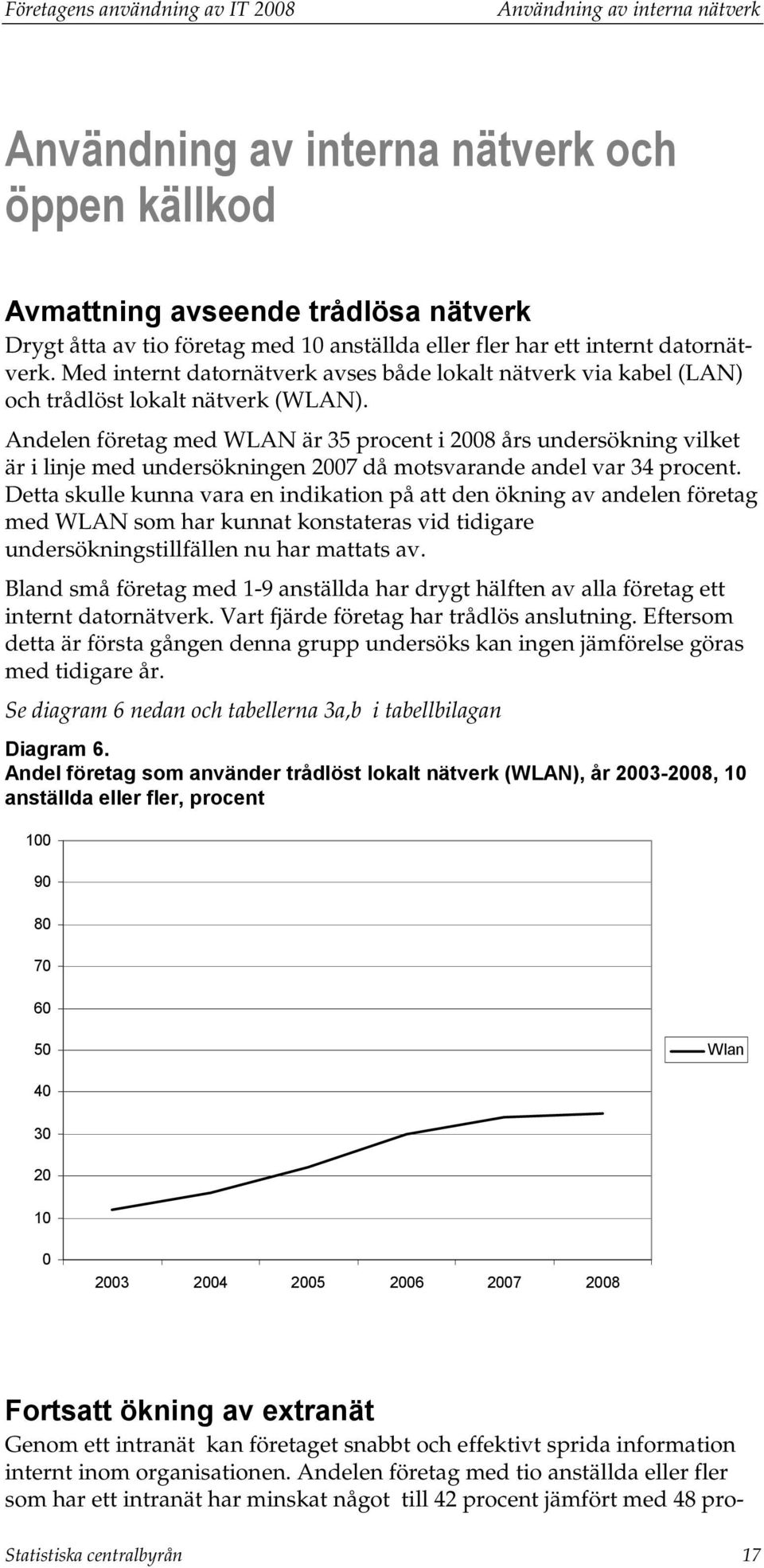 Andelen företag med WLAN är 35 procent i 2008 års undersökning vilket är i linje med undersökningen 2007 då motsvarande andel var 34 procent.
