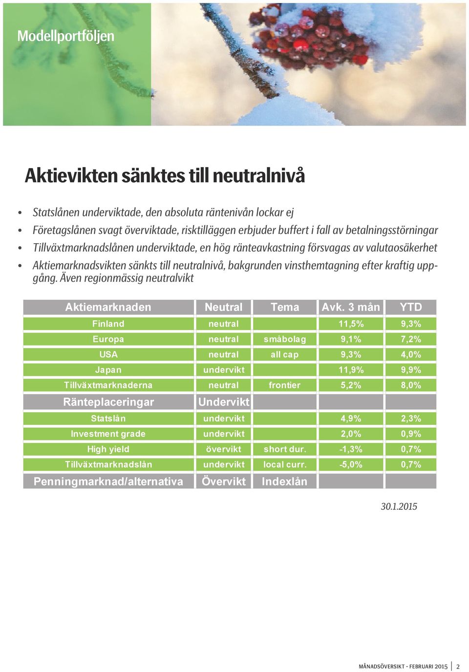 uppgång. Även regionmässig neutralvikt Aktiemarknaden Neutral Tema Avk.