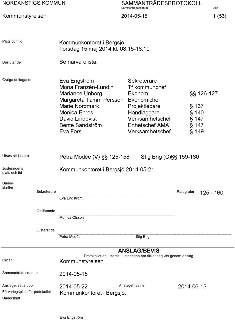 Handläggare 140 David Lindqvist Verksamhetschef 147 Bente Sandström Enhetschef AMA 147 Eva Fors Verksamhetschef 149 Utses att justera Petra Modée (V) 125-158 Stig Eng (C) 159-160 Justeringens plats