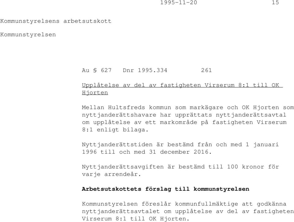 nyttjanderättsavtal om upplåtelse av ett markområde på fastigheten Virserum 8:1 enligt bilaga.