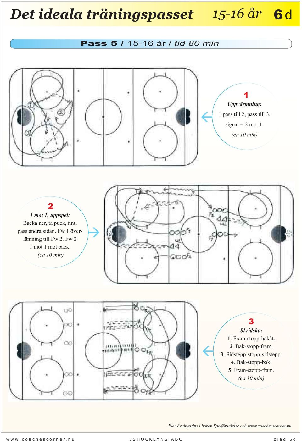 3 Skridsko: 1. Fram-stopp-bakåt. 2. Bak-stopp-fram. 3. Sidstepp-stopp-sidstepp. 4. Bak-stopp-bak. 5.
