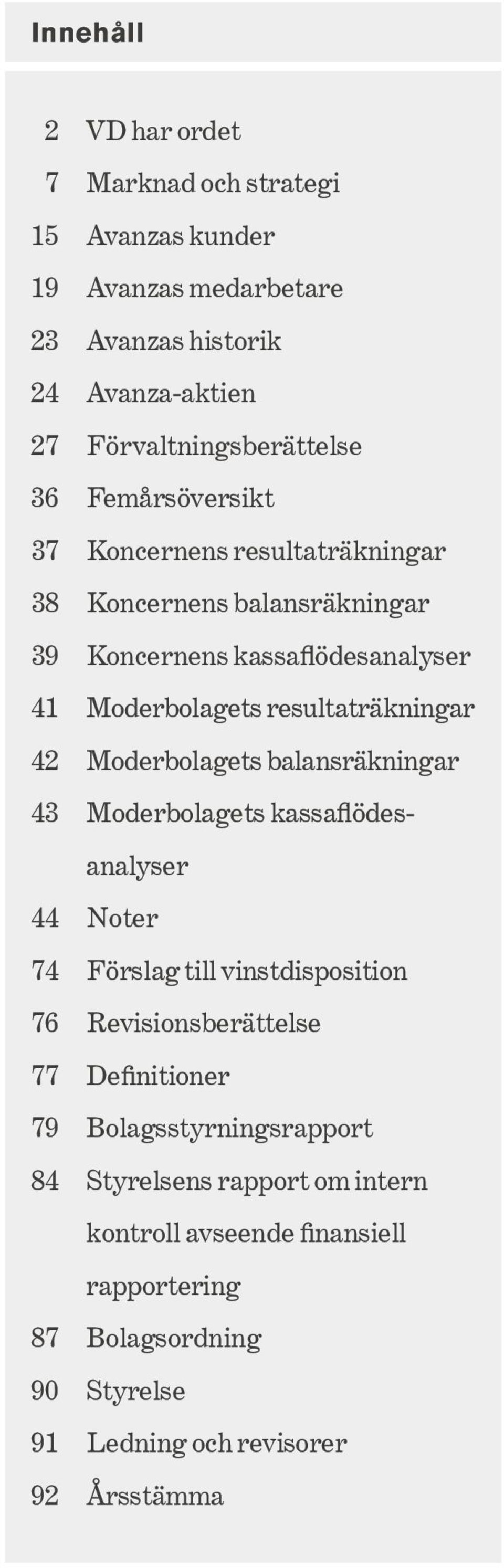 Moderbolagets balansräkningar 43 Moderbolagets kassaflödesanalyser 44 Noter 74 Förslag till vinstdisposition 76 Revisionsberättelse 77 Definitioner 79