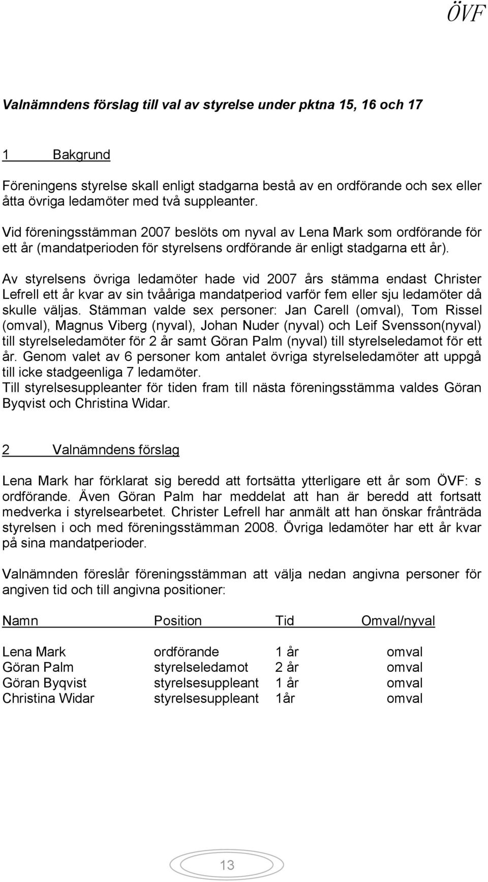 Av styrelsens övriga ledamöter hade vid 2007 års stämma endast Christer Lefrell ett år kvar av sin tvååriga mandatperiod varför fem eller sju ledamöter då skulle väljas.