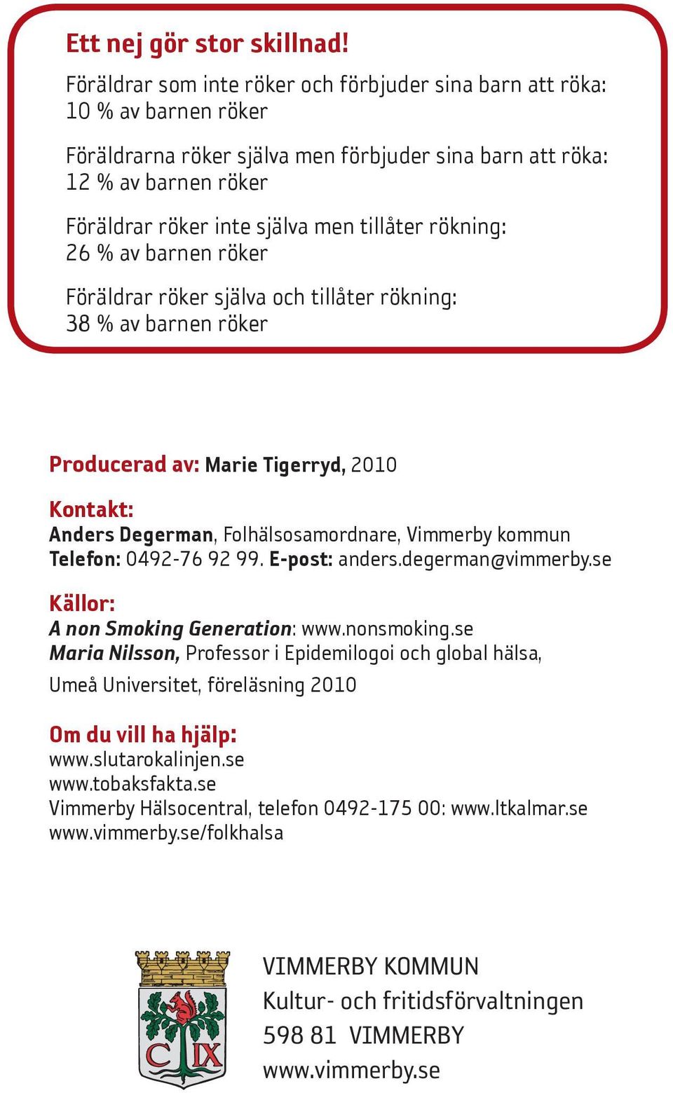 tillåter rökning: 26 % av barnen röker Föräldrar röker själva och tillåter rökning: 38 % av barnen röker Producerad av: Marie Tigerryd, 2010 Kontakt: Anders Degerman, Folhälsosamordnare, Vimmerby