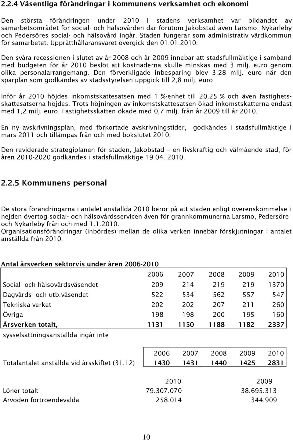 Den svåra recessionen i slutet av år 2008 och år 2009 innebar att stadsfullmäktige i samband med budgeten för år 2010 beslöt att kostnaderna skulle minskas med 3 milj.