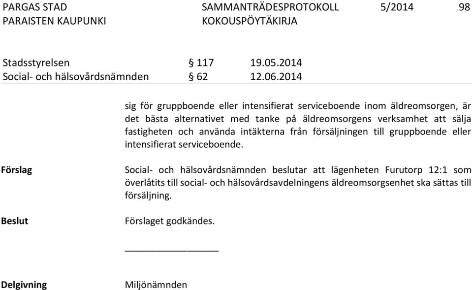 verksamhet att sälja fastigheten och använda intäkterna från försäljningen till gruppboende eller intensifierat serviceboende.