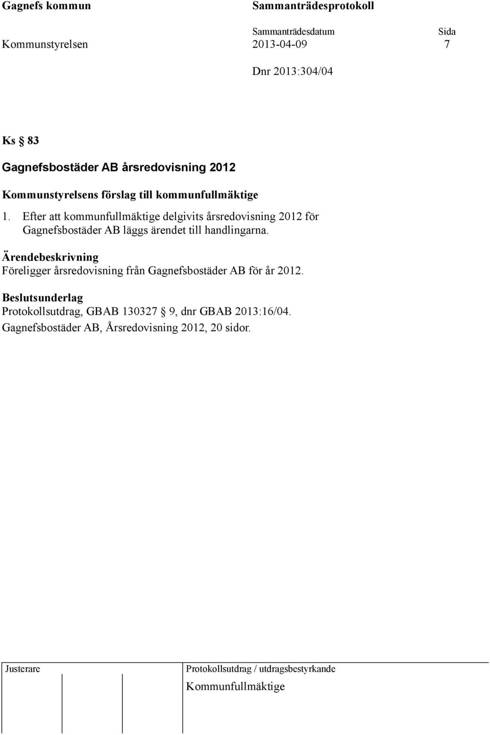 Efter att kommunfullmäktige delgivits årsredovisning 2012 för Gagnefsbostäder AB läggs ärendet till