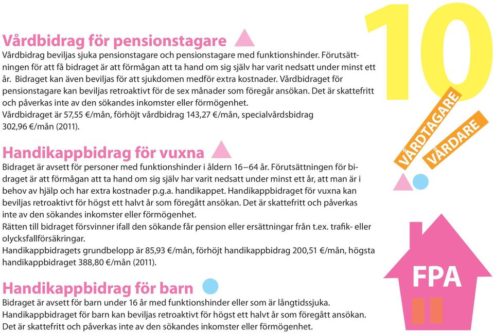 Vårdbidraget för pensionstagare kan beviljas retroaktivt för de sex månader som föregår ansökan. Det är skattefritt och påverkas inte av den sökandes inkomster eller förmögenhet.