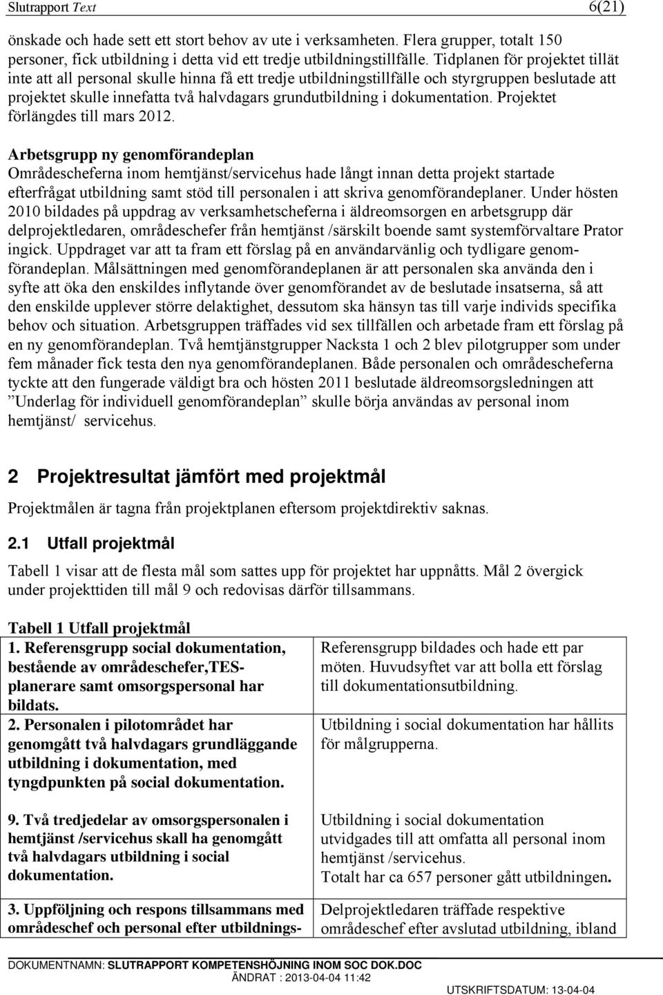 dokumentation. Projektet förlängdes till mars 2012.