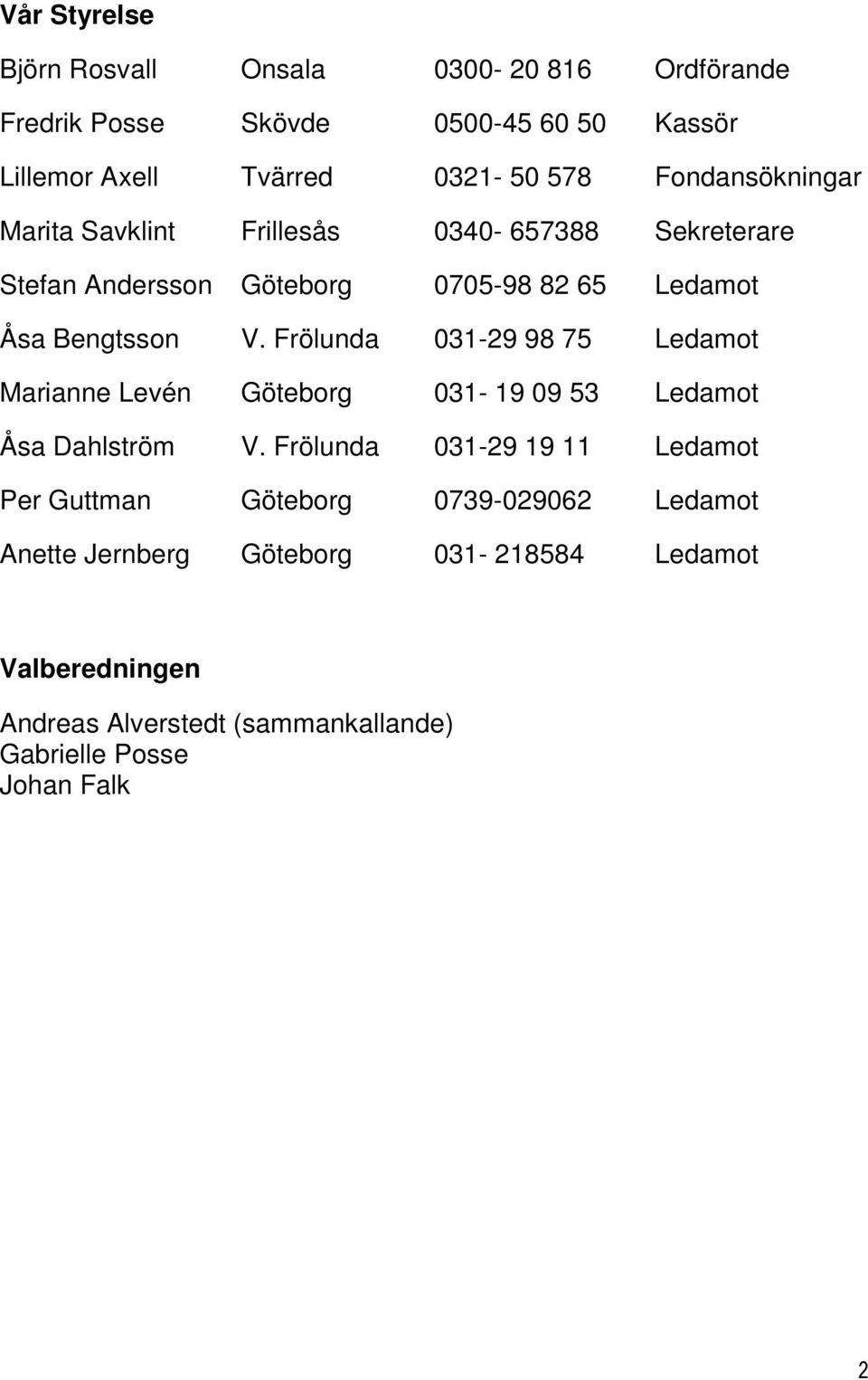 Frölunda 031-29 98 75 Ledamot Marianne Levén Göteborg 031-19 09 53 Ledamot Åsa Dahlström V.