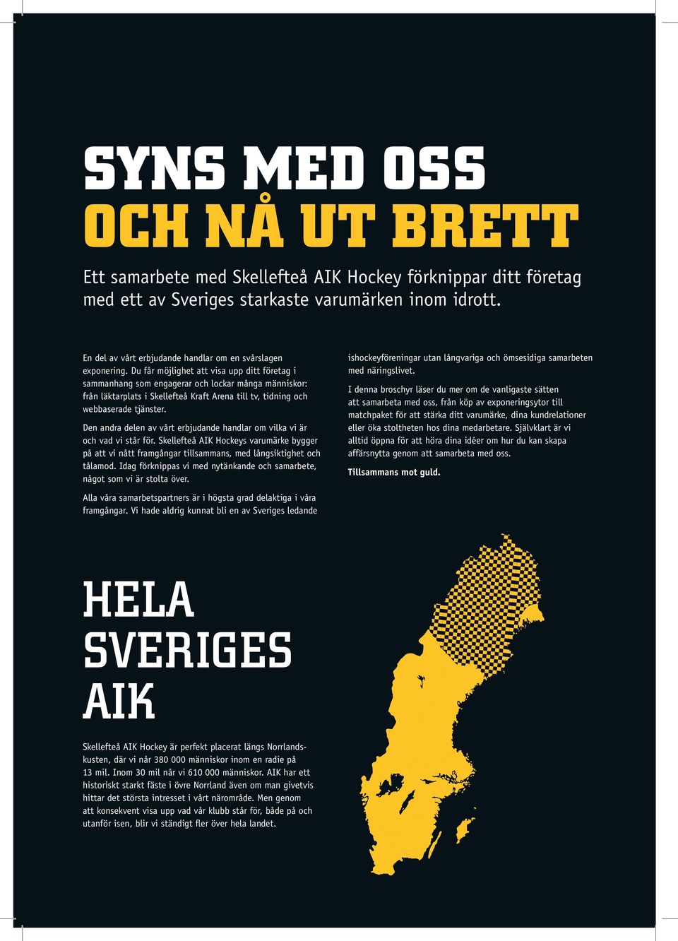 Du får möjlighet att visa upp ditt företag i sammanhang som engagerar och lockar många människor: från läktarplats i Skellefteå Kraft Arena till tv, tidning och webbaserade tjänster.