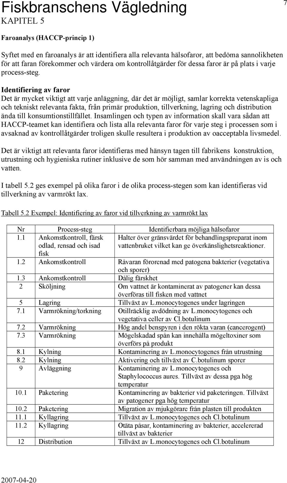 Identifiering av faror Det är mycket viktigt att varje anläggning, där det är möjligt, samlar korrekta vetenskapliga och tekniskt relevanta fakta, från primär produktion, tillverkning, lagring och