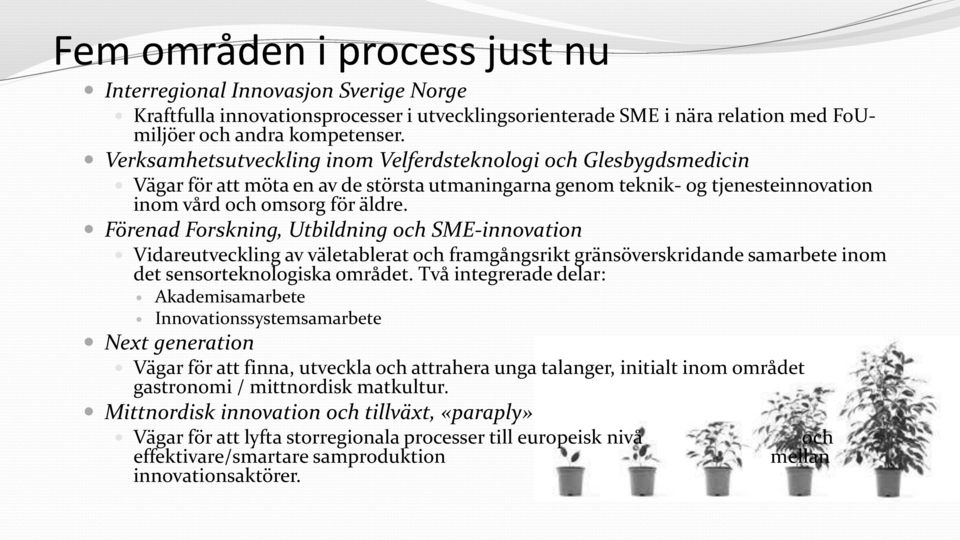 Förenad Forskning, Utbildning och SME-innovation Vidareutveckling av väletablerat och framgångsrikt gränsöverskridande samarbete inom det sensorteknologiska området.