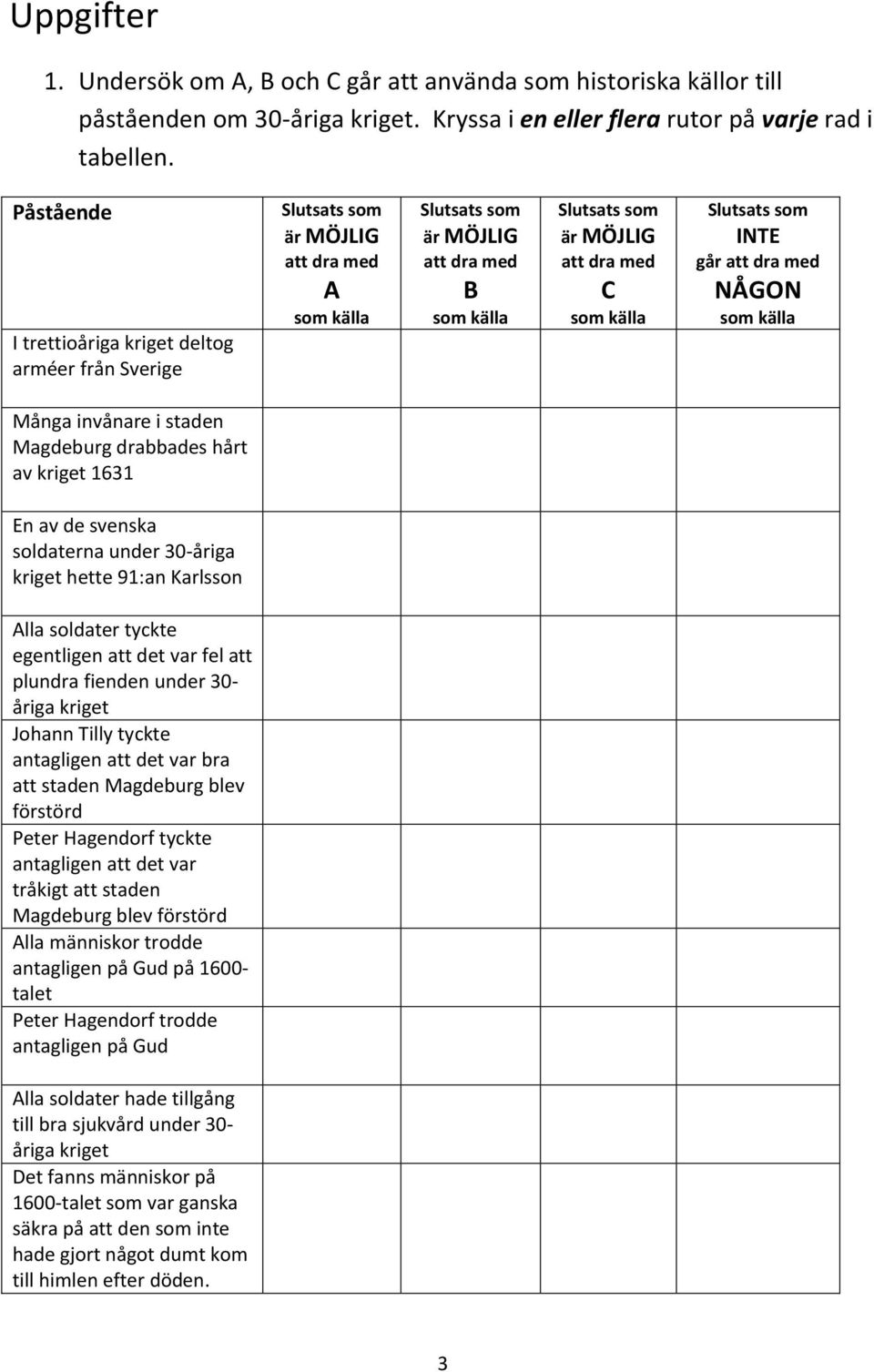 91:an Karlsson Alla soldater tyckte egentligen att det var fel att plundra fienden under 30- åriga kriget Johann Tilly tyckte antagligen att det var bra att staden Magdeburg blev förstörd Peter