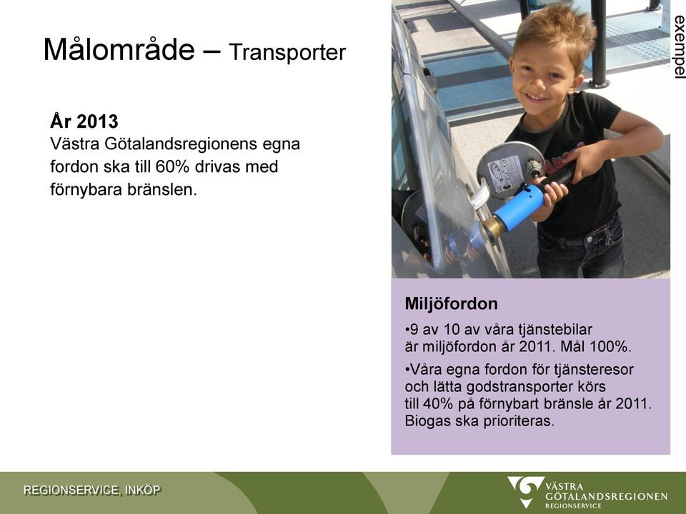 Miljöfordon 9 av 10 av våra tjänstebilar är miljöfordon år 2011. Mål 100%.