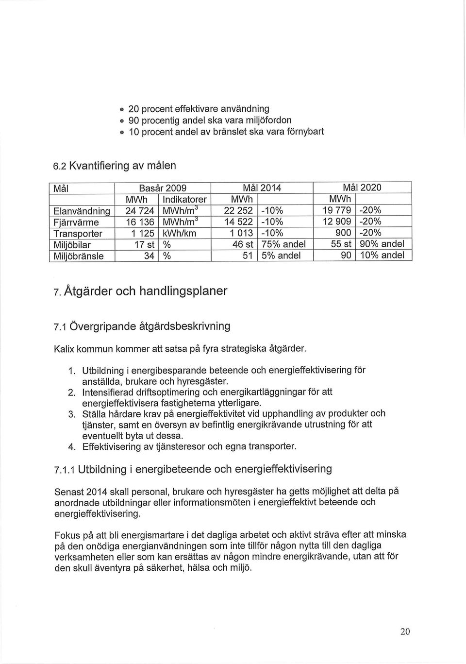 st 51 2014-10% -10% -10% 75% andel 5% andel MWh 19 779 12 909 900 55 st 90 Mål 2020-20% -20% -20% 90% andel 10% andel 7. Åtgärder och handlingsplaner 7.