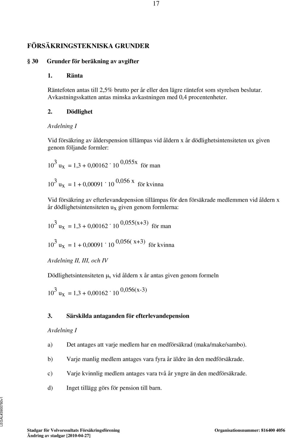 Dödlighet Avdelning I Vid försäkring av ålderspension tillämpas vid åldern x år dödlighetsintensiteten ux given genom följande formler: 10 3 ux = 1,3 + 0,00162.