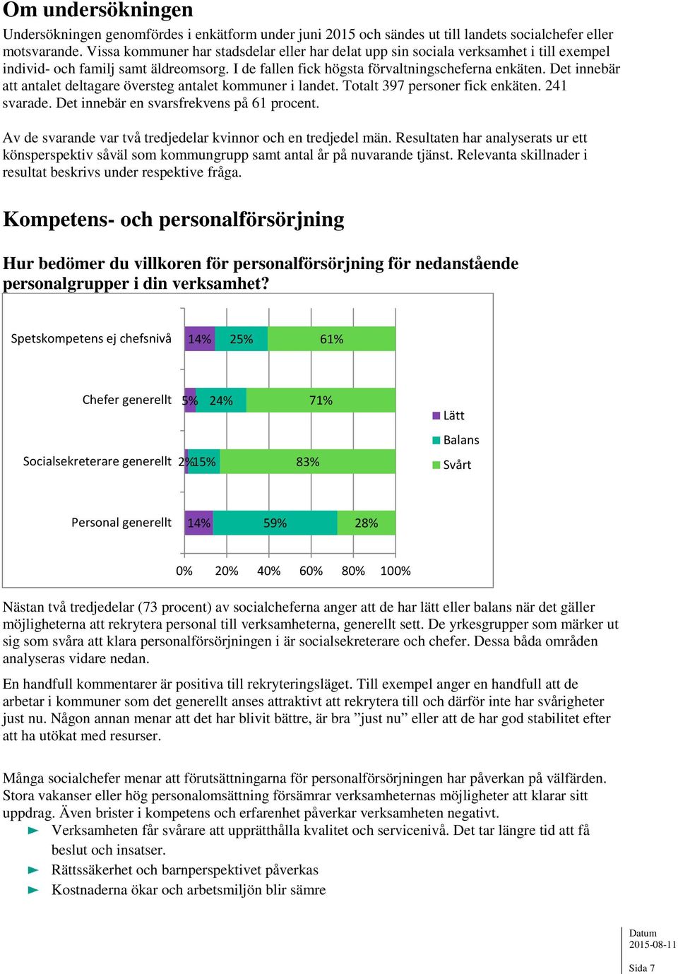 Det innebär att antalet deltagare översteg antalet kommuner i landet. Totalt 397 personer fick enkäten. 241 svarade. Det innebär en svarsfrekvens på 61 procent.