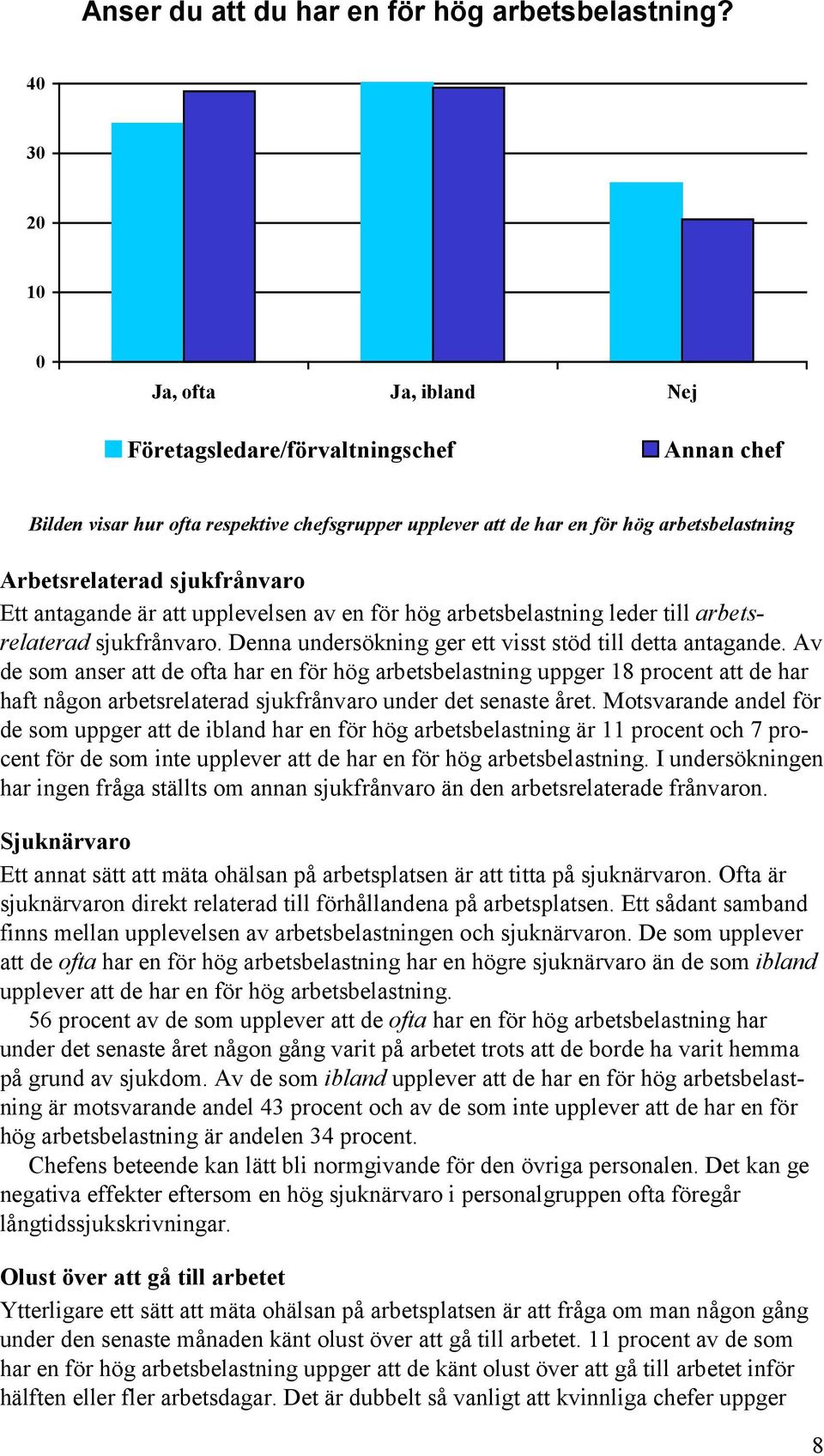 antagande är att upplevelsen av en för hög arbetsbelastning leder till arbetsrelaterad sjukfrånvaro. Denna undersökning ger ett visst stöd till detta antagande.