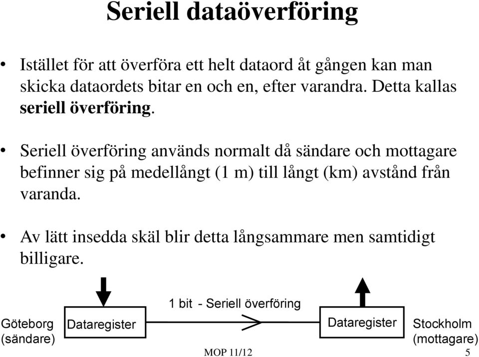 Seriell överföring används normalt då sändare och mottagare befinner sig på medellångt (1 m) till långt (km) avstånd