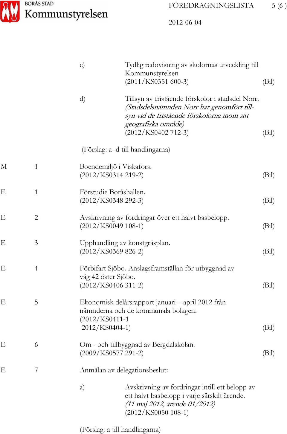 (2012/KS0314 219-2) E 1 Förstudie Boråshallen. (2012/KS0348 292-3) E 2 Avskrivning av fordringar över ett halvt basbelopp. (2012/KS0049 108-1) E 3 Upphandling av konstgräsplan.