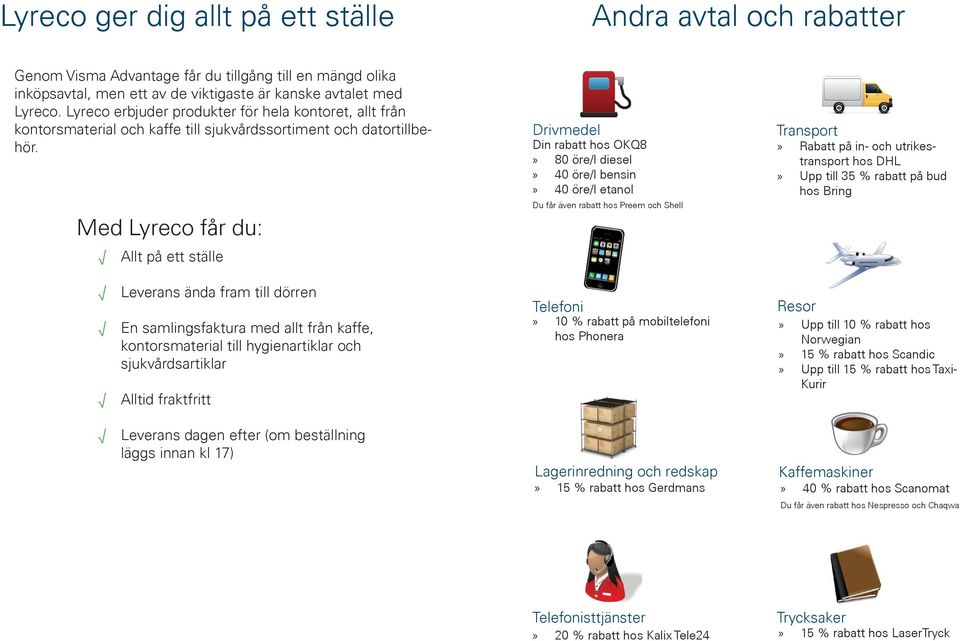 Med Lyreco får du: Allt på ett ställe Drivmedel Din rabatt hos OKQ8 80 öre/l diesel 40 öre/l bensin 40 öre/l etanol Du får även rabatt hos Preem och Shell Transport Rabatt på in- och utrikestransport