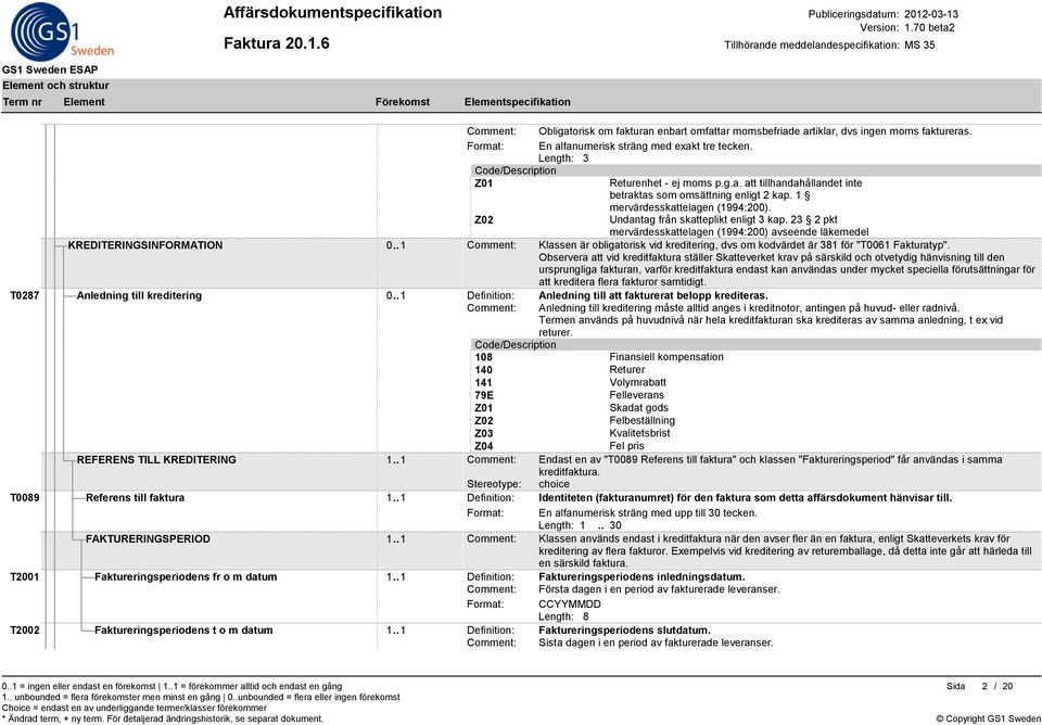 . 1 Comment: Klassen är obligatorisk vid kreditering, dvs om kodvärdet är 381 för "T0061 Fakturatyp".