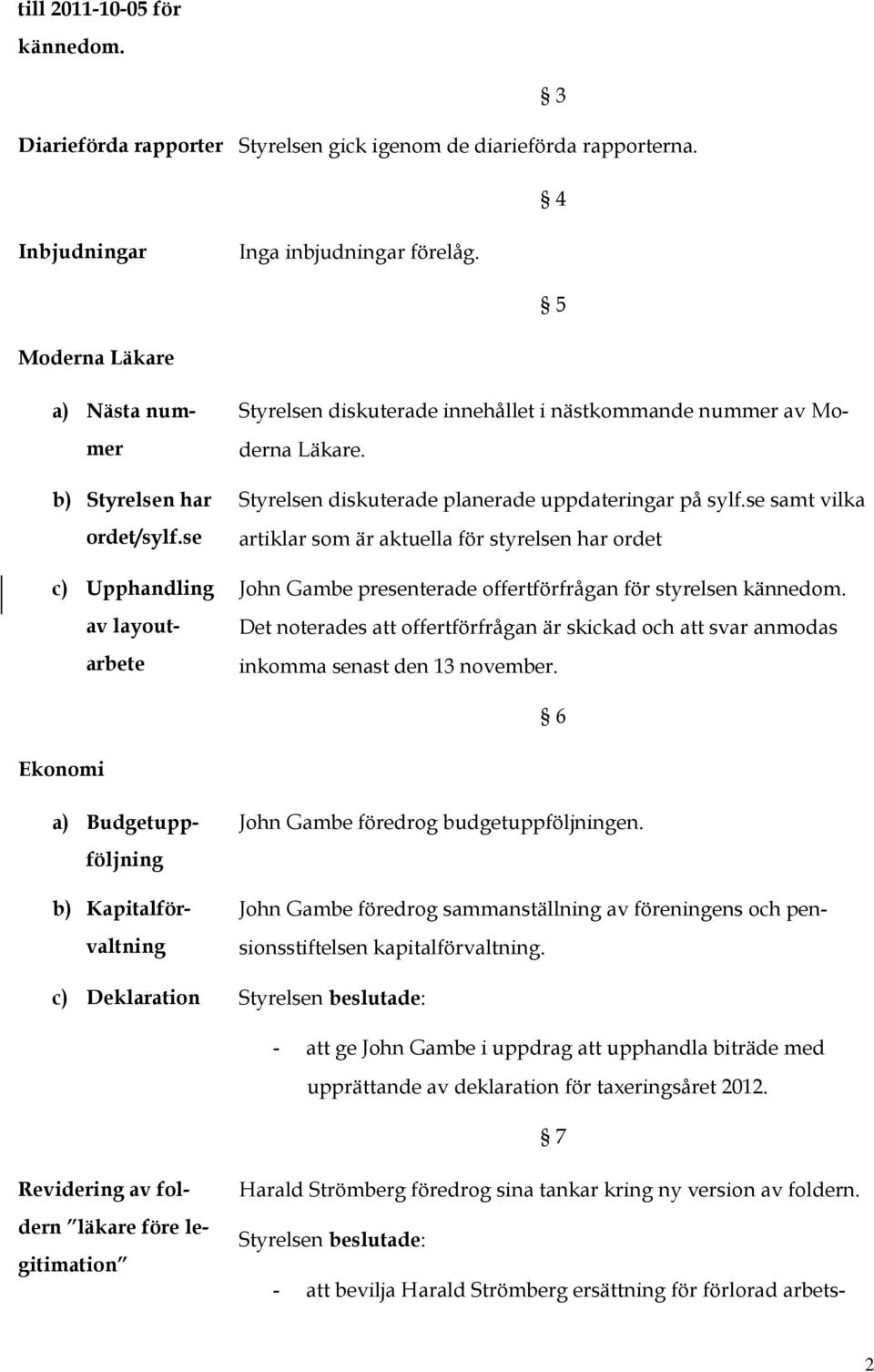 Styrelsen diskuterade planerade uppdateringar på sylf.se samt vilka artiklar som är aktuella för styrelsen har ordet John Gambe presenterade offertförfrågan för styrelsen kännedom.