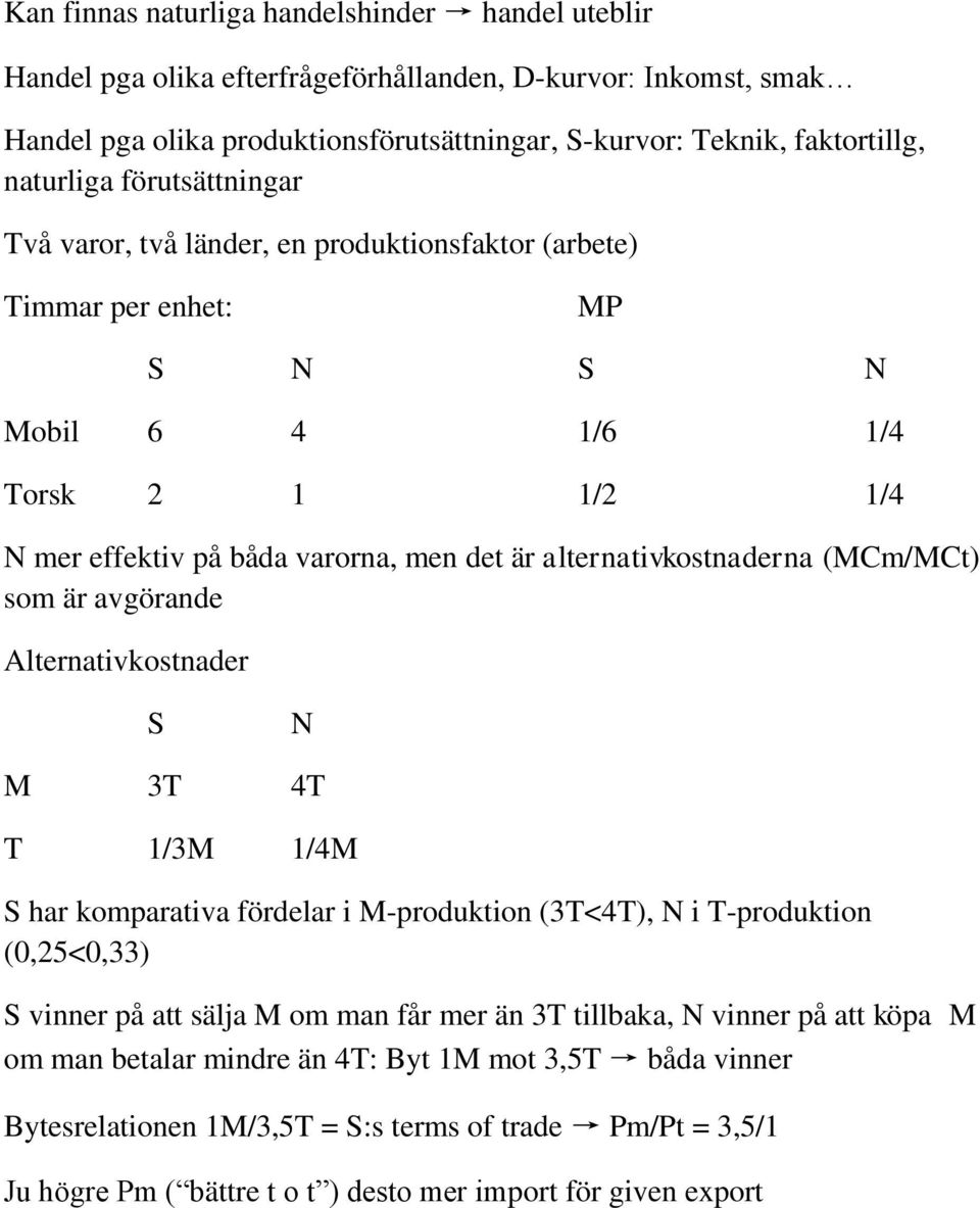 alternativkostnaderna (MCm/MCt) som är avgörande Alternativkostnader S N M 3T 4T T 1/3M 1/4M S har komparativa fördelar i M-produktion (3T<4T), N i T-produktion (0,25<0,33) S vinner på att sälja M om