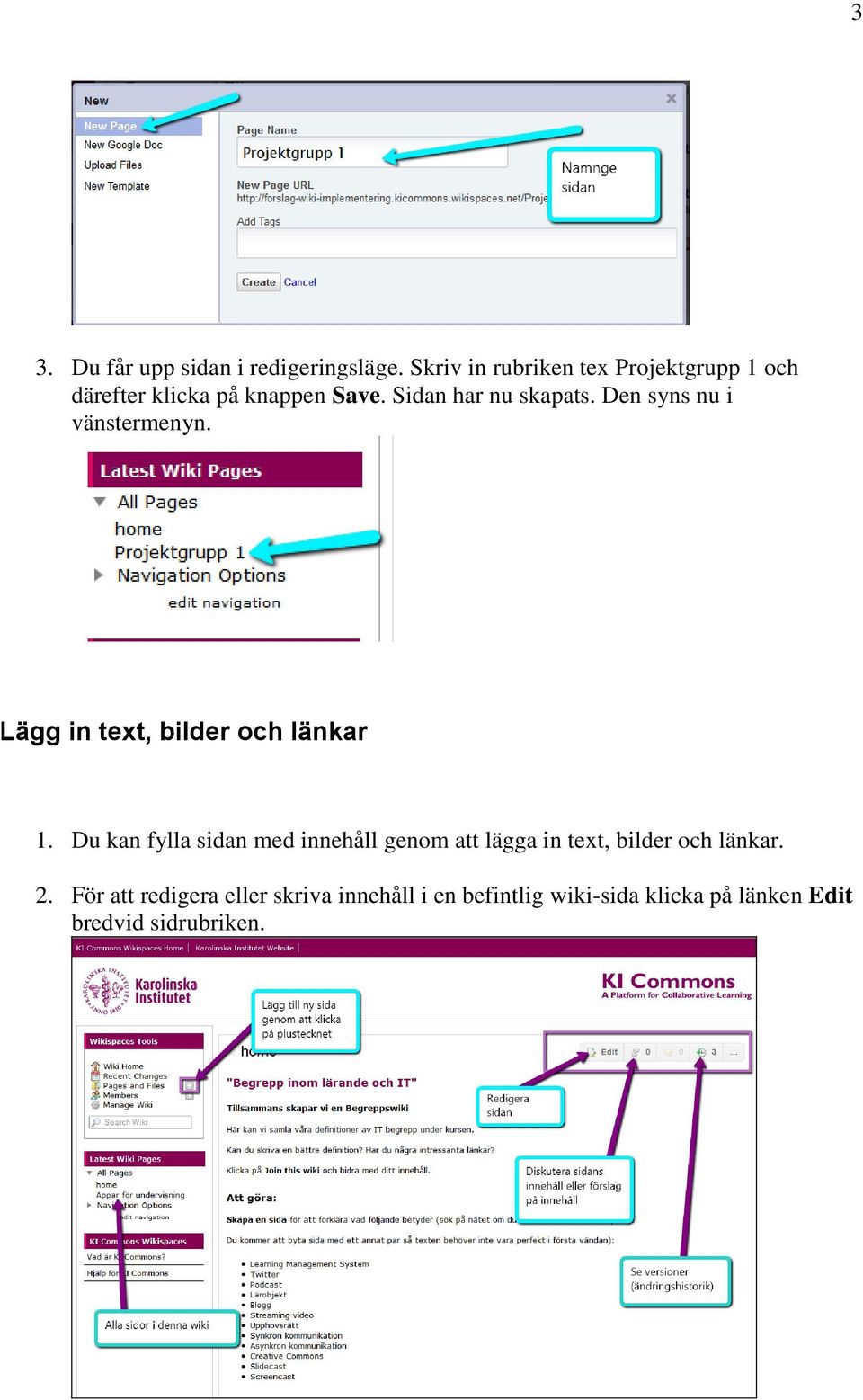 Den syns nu i vänstermenyn. Lägg in text, bilder och länkar 1.