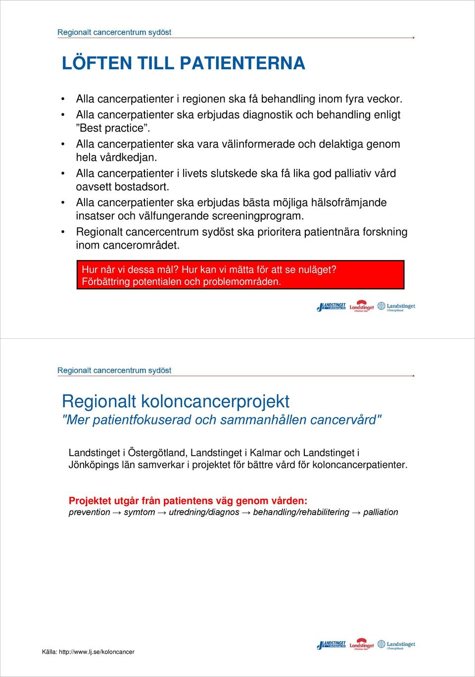 Alla cancerpatienter ska erbjudas bästa möjliga hälsofrämjande insatser och välfungerande screeningprogram. Regionalt cancercentrum sydöst ska prioritera patientnära forskning inom cancerområdet.