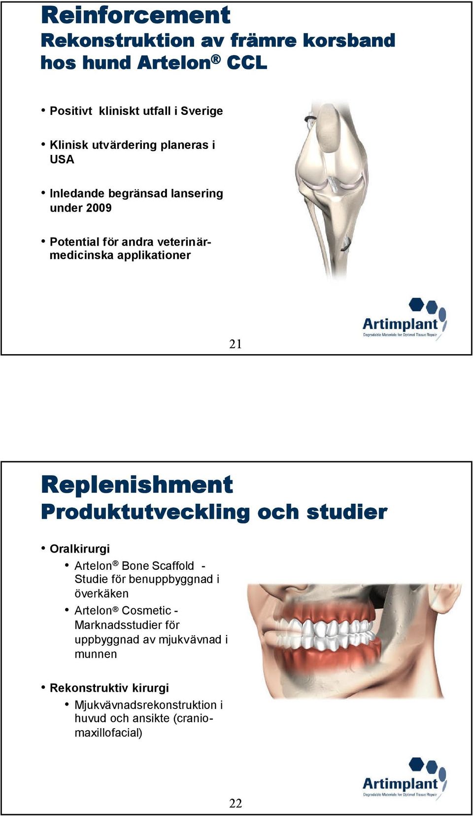Produktutveckling och studier Oralkirurgi Artelon Bone Scaffold - Studie för benuppbyggnad i överkäken Artelon Cosmetic -
