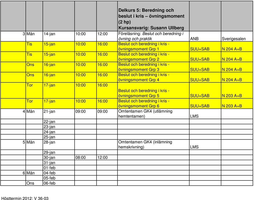 beredning i kris - övningsmoment Grp 3 SUU+SAB N 204 A+B Ons 16-jan 10:00 16:00 Beslut och beredning i kris - övningsmoment Grp 4 SUU+SAB N 204 A+B Tor 17-jan 10:00 16:00 Beslut och beredning i kris