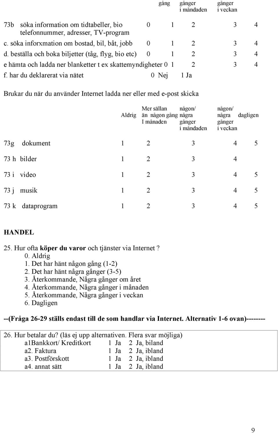 har du deklarerat via nätet 0 Nej 1 Ja Brukar du när du använder Internet ladda ner eller med e-post skicka Mer sällan någon/ någon/ Aldrig än någon gång några några dagligen I månaden gånger gånger