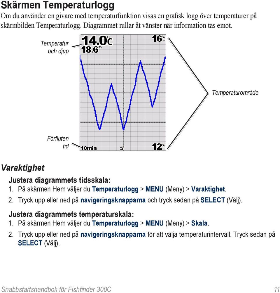 På skärmen Hem väljer du Temperaturlogg > MENU (Meny) > Varaktighet. 2. Tryck upp eller ned på navigeringsknapparna och tryck sedan på SELECT (Välj).