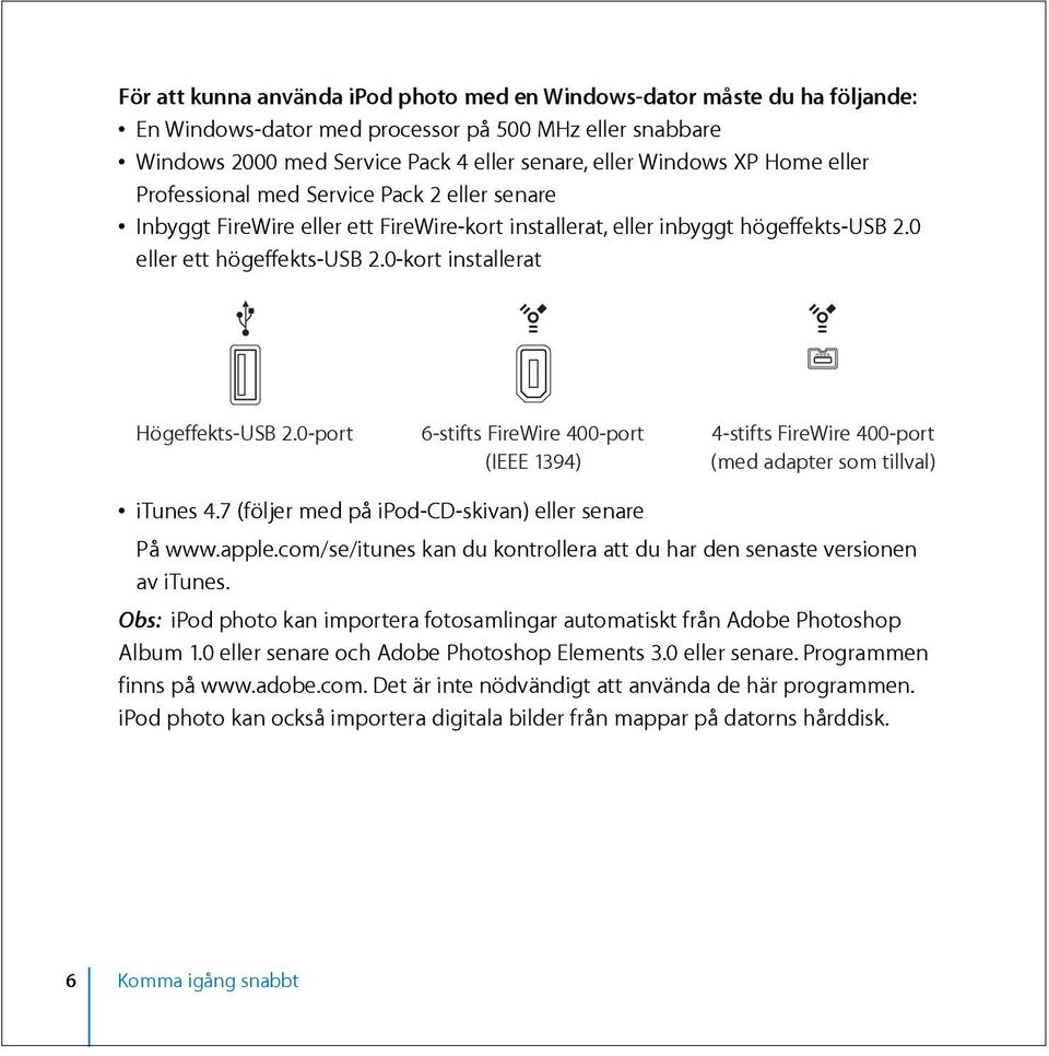 0-kort installerat Högeffekts-USB 2.0-port 6-stifts FireWire 400-port (IEEE 1394) 4-stifts FireWire 400-port (med adapter som tillval) itunes 4.7 (följer med på ipod-cd-skivan) eller senare På www.