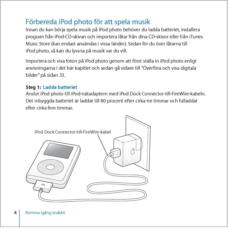 Importera och visa foton på ipod photo genom att först ställa in ipod photo enligt anvisningarna i det här kapitlet och sedan gå vidare till Överföra och visa digitala bilder på sidan 33.