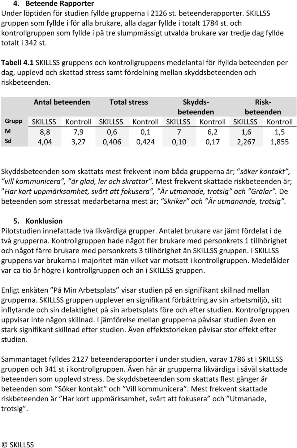 1 SKILLSS gruppens och kontrollgruppens medelantal för ifyllda beteenden per dag, upplevd och skattad stress samt fördelning mellan skyddsbeteenden och riskbeteenden.